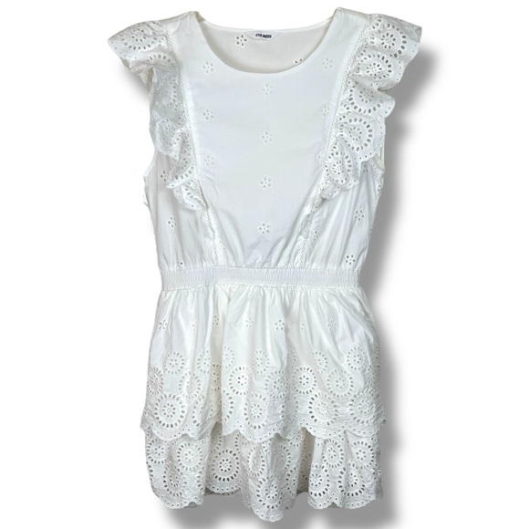 Steve Madden Jayda White Poplin Ruffle Eyelet Tiered Sleeveless Mini Dress Large - Picture 4 of 7